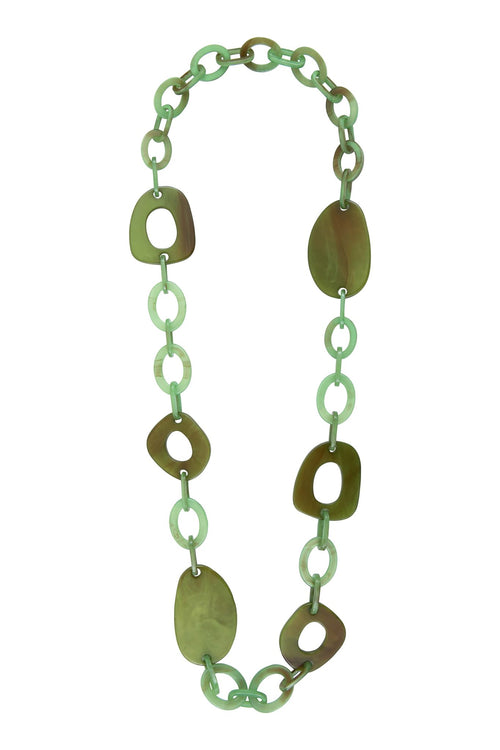 Seventies long necklace Amber green brown acetate