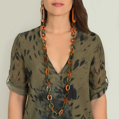 Nova long necklace in orange, green, olive acetate